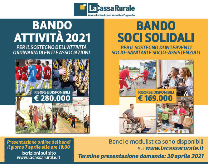 Nuovo anno e rinnovato impegno verso il mondo del no profit: così La Cassa Rurale Adamello Giudicarie Valsabbia Paganella promuove 2 bandi per le associazioni e gli enti senza scopo di lucro del territorio in cui opera.