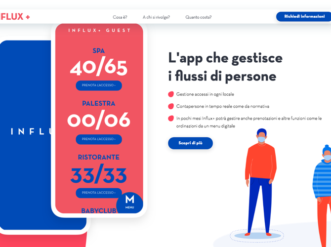Un’app che segnala code e assembramenti Si chiama Influx+ e la sta mettendo a punto la cooperativa Archimede, agenzia trentina di comunicazione innovativa. Servirà ad albergatori, negozianti e ristoratori per monitorare il rischio assembramenti e per comunicare le norme per la sicurezza. E ai clienti per non dover attendere all’entrata dei locali, per consultare menù e scegliere ‘contactless’.