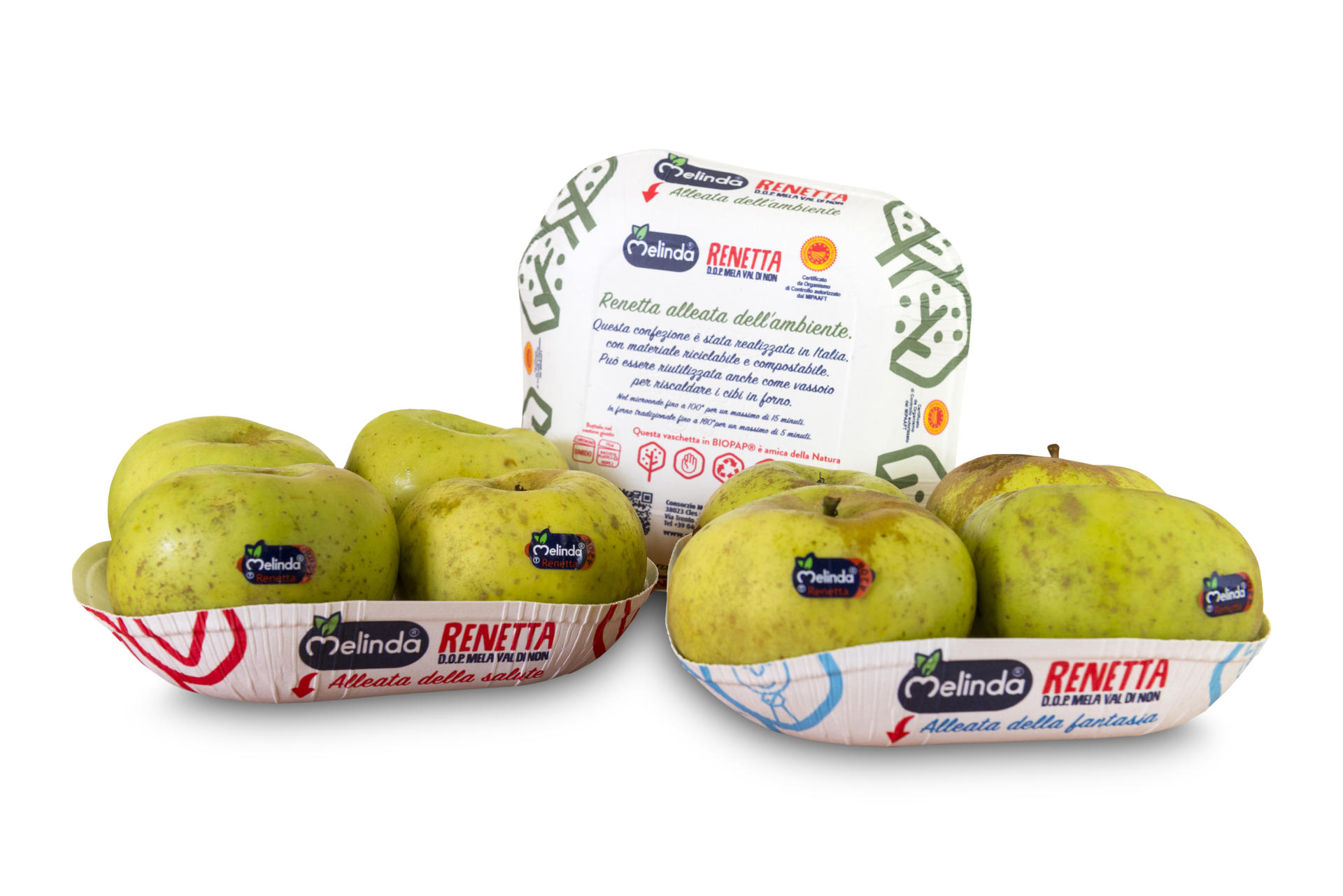 Le mele dal bollino blu disponibili in diversi packaging innovativi in materiale eco-friendly.