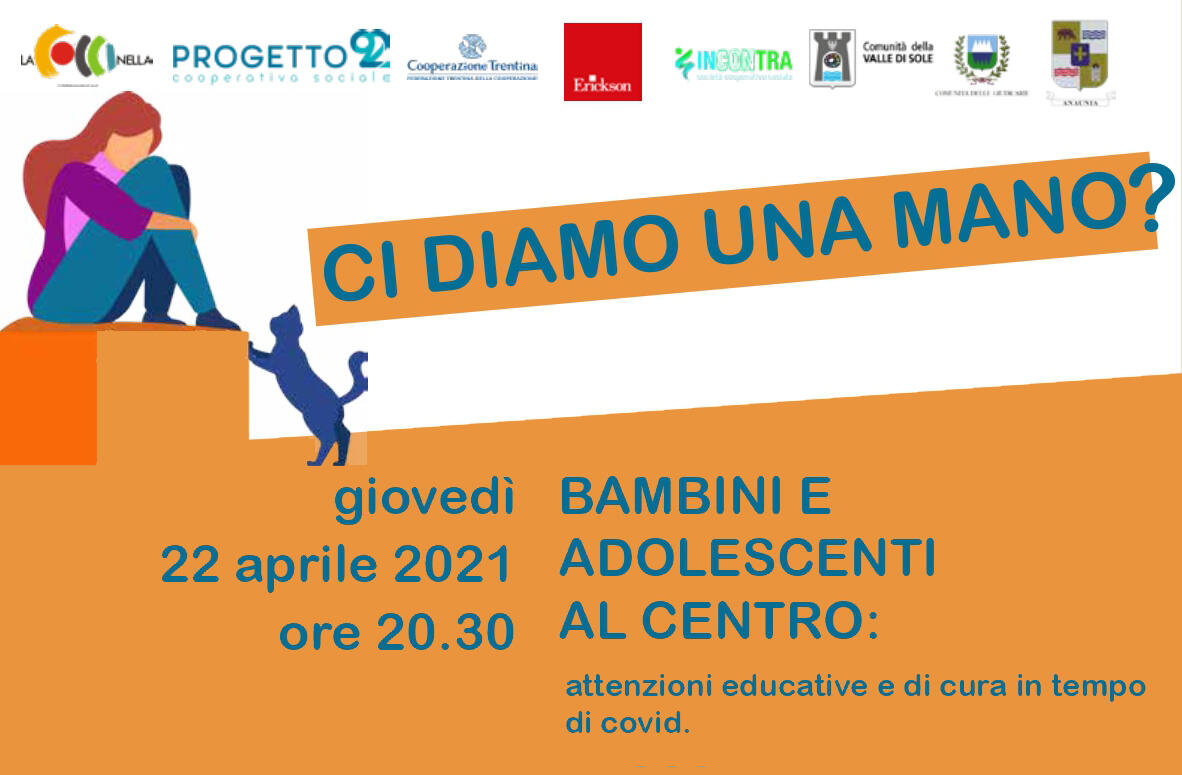 Giovedì 22 aprile, alle 20.30 in diretta sul canale YouTube di Progetto 92, dialogo tra Daniela Malvestiti, responsabile Area sociale Centro studi Erickson, e Roberta Bommassar, presidente Ordine degli psicologi di Trento, su attenzioni educative e di cura in tempo di Covid.