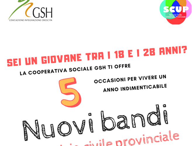 Gsh offre 5 opportunità per diventare volontario del servizio civile La cooperativa sociale Gsh offre a 5 giovani, dai 18 ai 28 anni compiuti, la possibilità di partecipare al Servizio Civile Universale Provinciale.