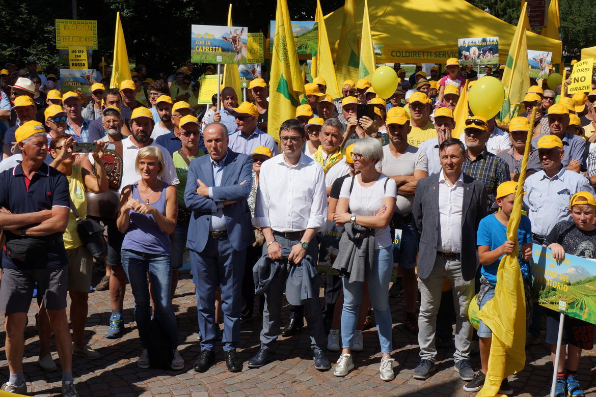 Circa 1500 persone, fra agricoltori ed allevatori di Coldiretti, hanno manifestato oggi a Trento, chiedendo azioni concrete per la gestione dei grandi carnivori in Trentino, la cui presenza mette a serio rischio le attività agricole e zootecniche che si svolgono in montagna. Una manifestazione a cui ha aderito anche la Giunta provinciale, presente in piazza con il presidente della Provincia, Maurizio Fugatti, con il vicepresidente Mario Tonina e con l’assessore all'agricoltura Giulia Zanotelli.