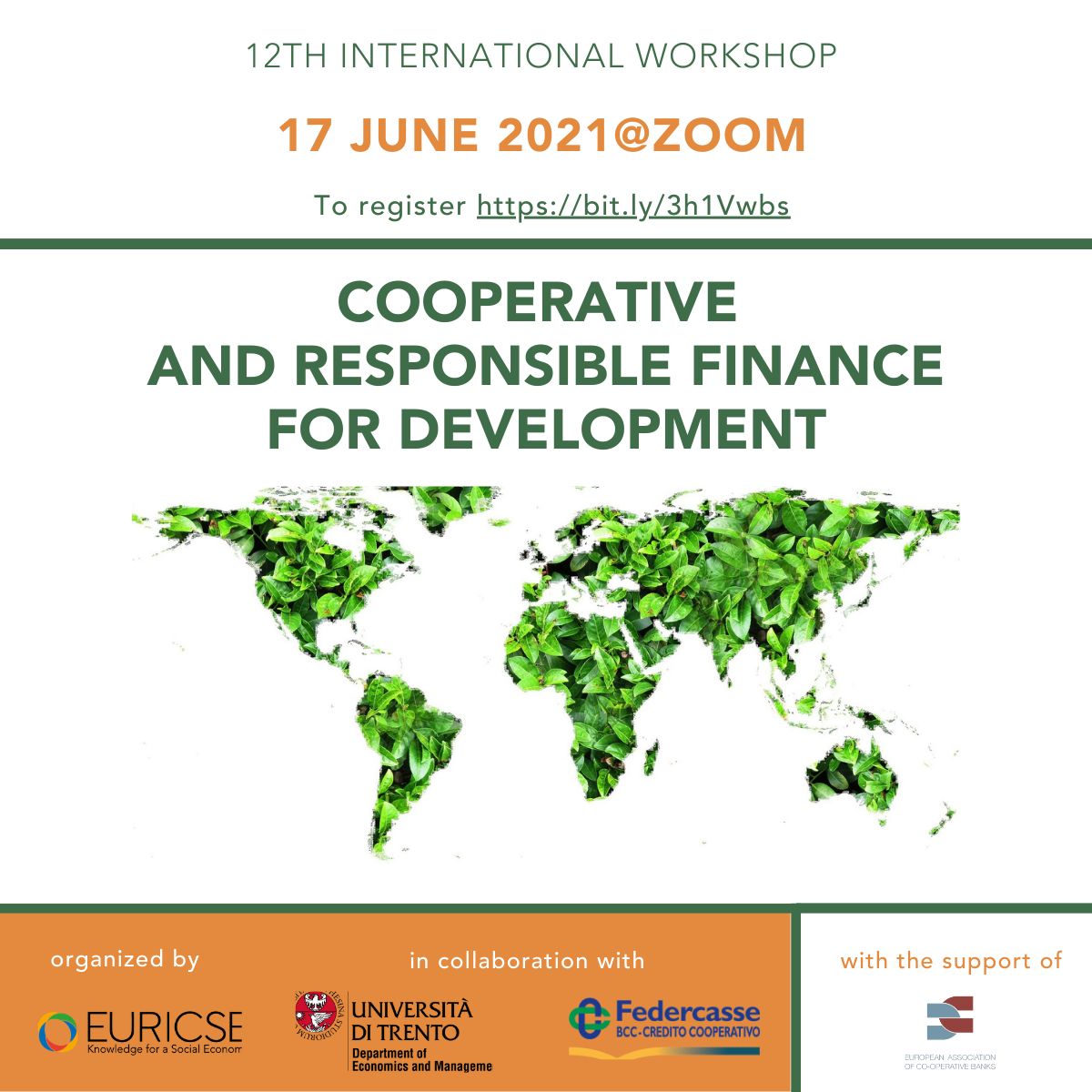 Un seminario online dedicato alle sfide e alle prospettive di sviluppo della finanza cooperativa e responsabile: il 17 giugno si svolgerà la 12° edizione del workshop organizzato da Euricse in collaborazione con Federcasse e il Dipartimento di economia e management dell’Università di Trento, con il supporto di EACB (European Association of Co-operative Banks). Durante le quattro sessioni del seminario con 20 studiosi e ricercatori in rappresentanza di 22 università e centri di ricerca si discuteranno le potenzialità innovative del settore: al termine dell’evento ci sarà una tavola rotonda sull’impatto del Covid sul sistema bancario. Iscrizioni obbligatorie a questo link https://bit.ly/3h1Vwbs